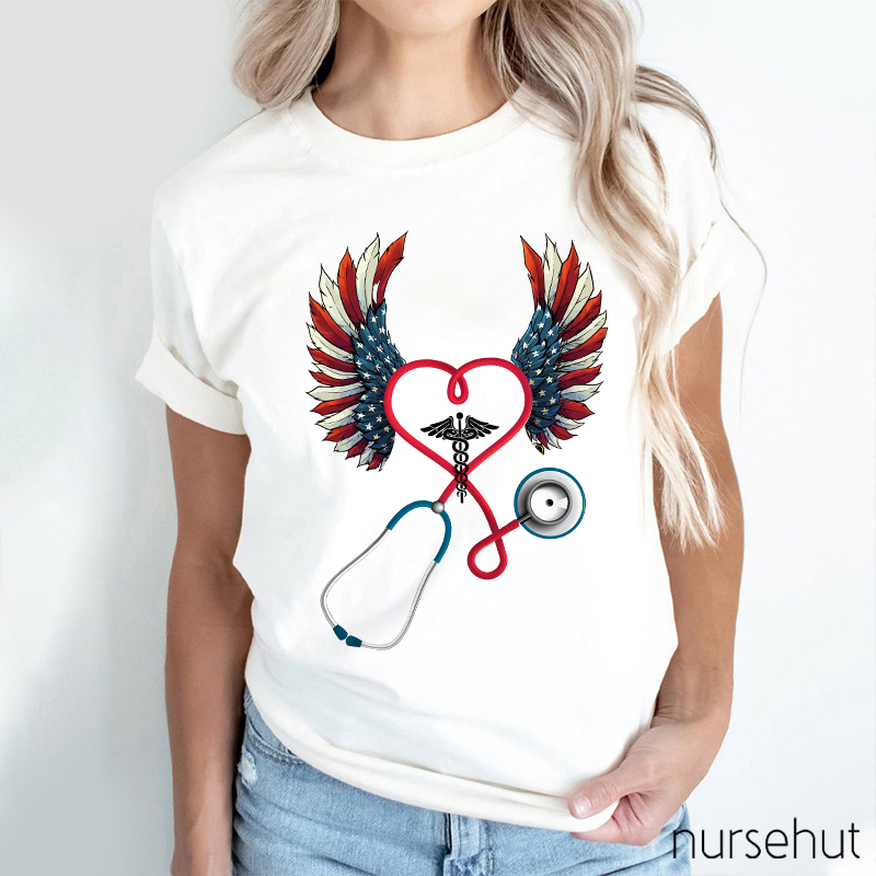 Flag Double Wing Love Stethoscope Nurse T-Shirt