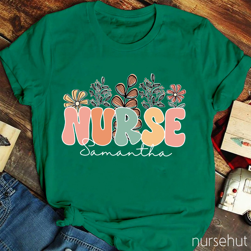Personalized Name Flowers Nurse T-Shirt