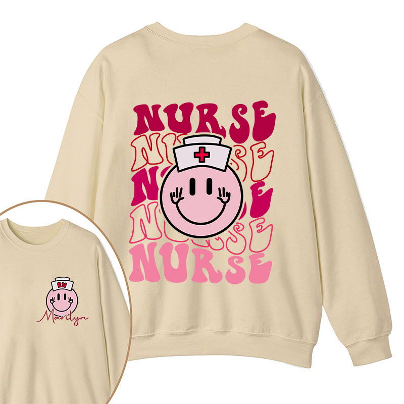 Personalized Pink Smiley Face Nurse Two Sided Sweatshirt