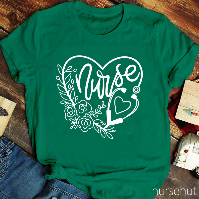 Flower Heart Stethoscope Nurse T-Shirt