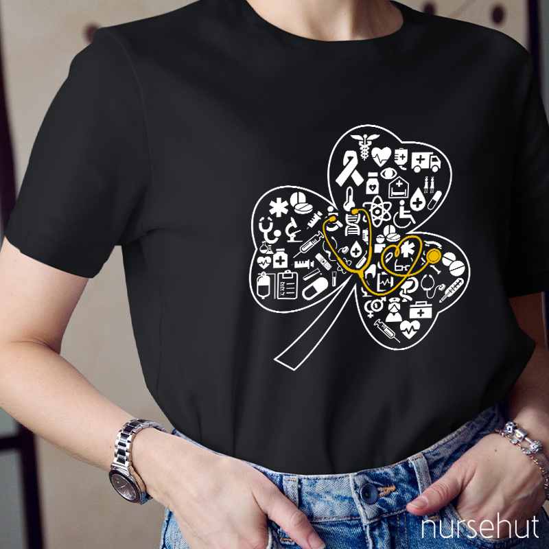 Clover And Gold Stethoscope Nurse T-Shirt