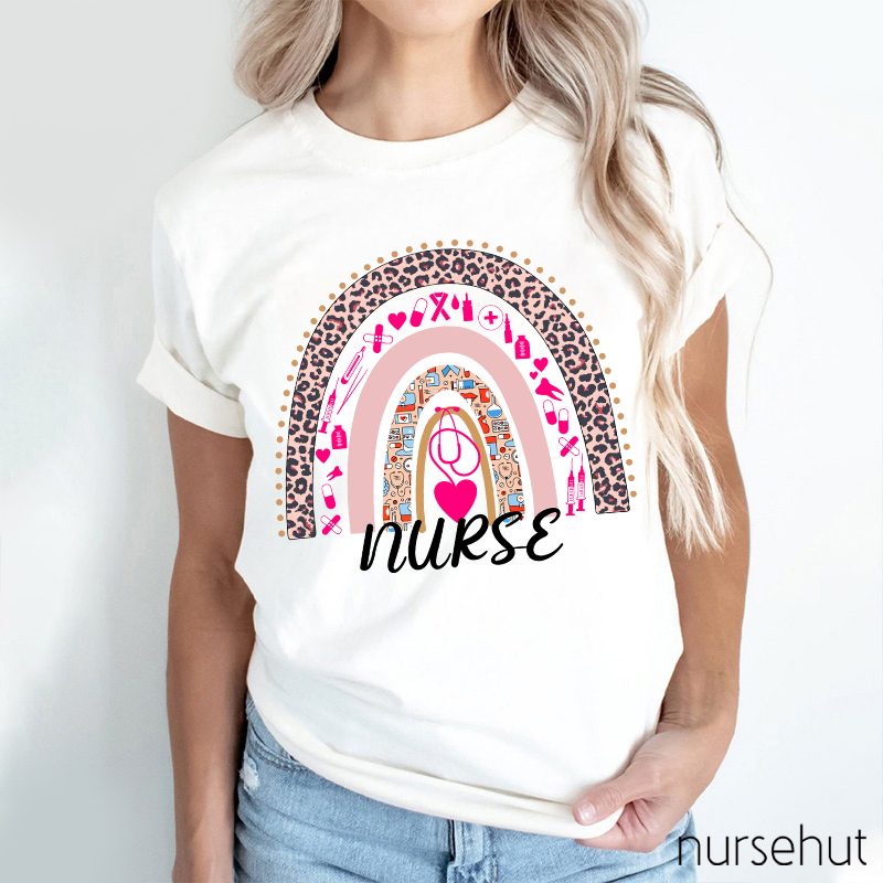 Cute Leopard Print Rainbow Stethoscope Heart Nurseb T-Shirt