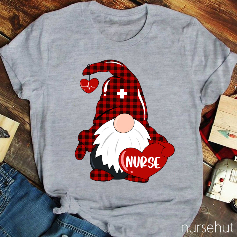 Red Plaid Gnome Red Heart Nurse T-Shirt