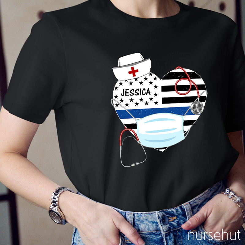 Personalized Stars And Stripes Heart Nurse Mask Stethoscope Nurse T-Shirt