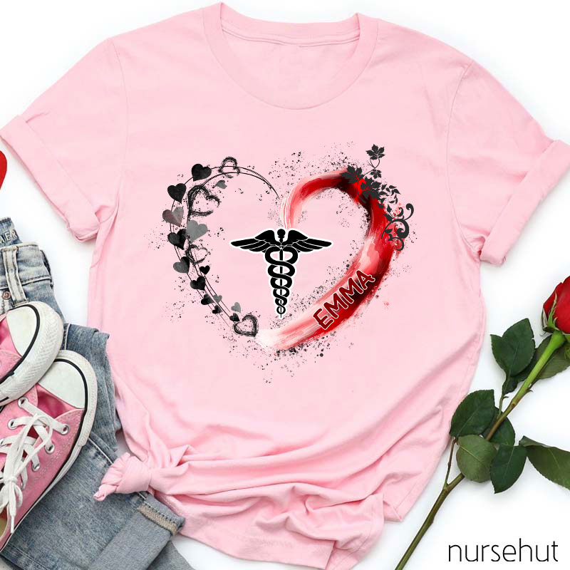 Personalized Caduceus Heart Flower Ribbon Nurse T-Shirt