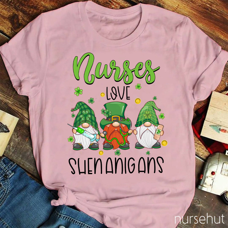 Nurses Love Shenanigans Leprechaun Gnome Nurse T-Shirt
