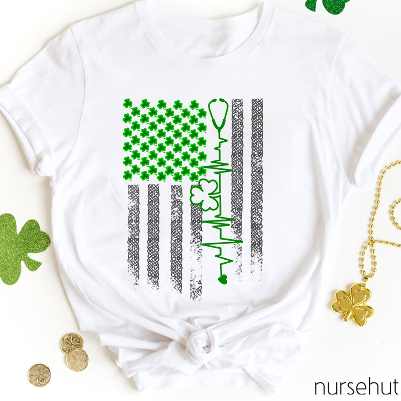 USA National Flag Clovers Stethoscope Nurse T-Shirt