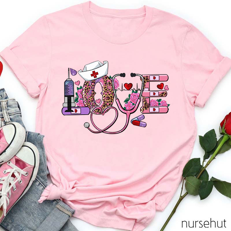 Valentine Love Stethoscope Leopard Print Flower Nurse T-Shirt