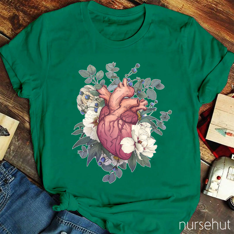 Retro Painting Style Heart And Flowers Nurse T-Shirt