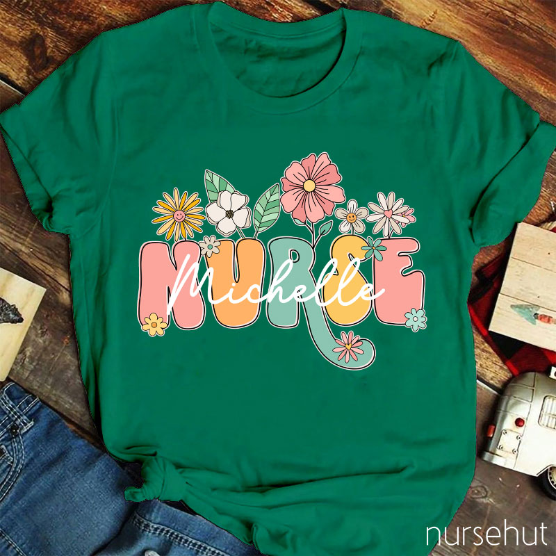 Personalized Nurse Name Flower Nurse T-Shirt