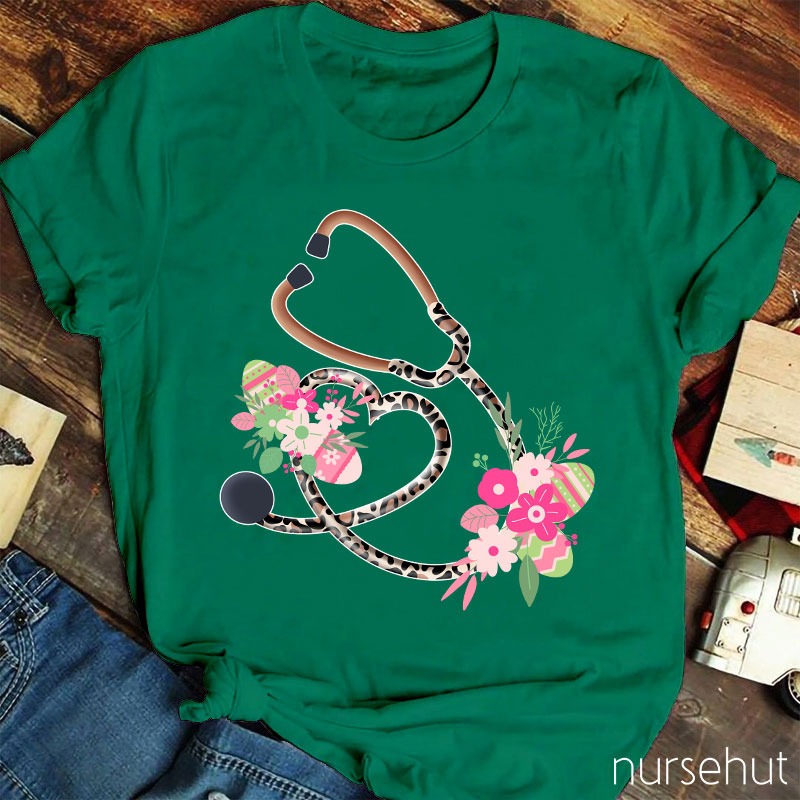 Floral Leopard Stethoscope Heart Nurse T-Shirt