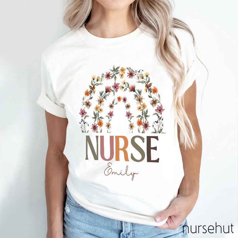 Personalized Rainbow Flower Nurse T-Shirt
