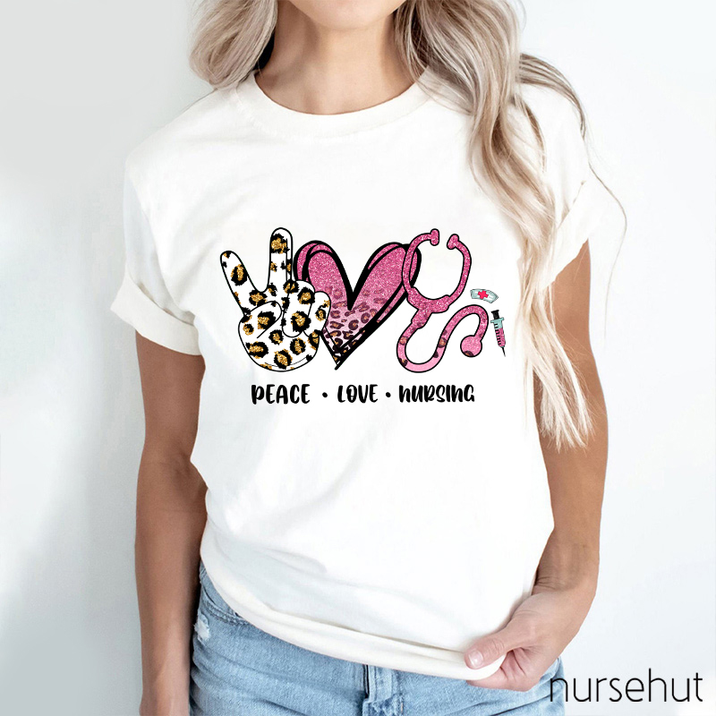 Peace Love And Nursing Shining Pink Leopard Print Nurse T-Shirt