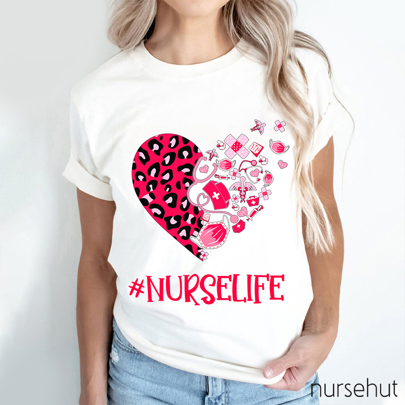 Leopard Print Love Heart Nurselife Nurse T-Shirt