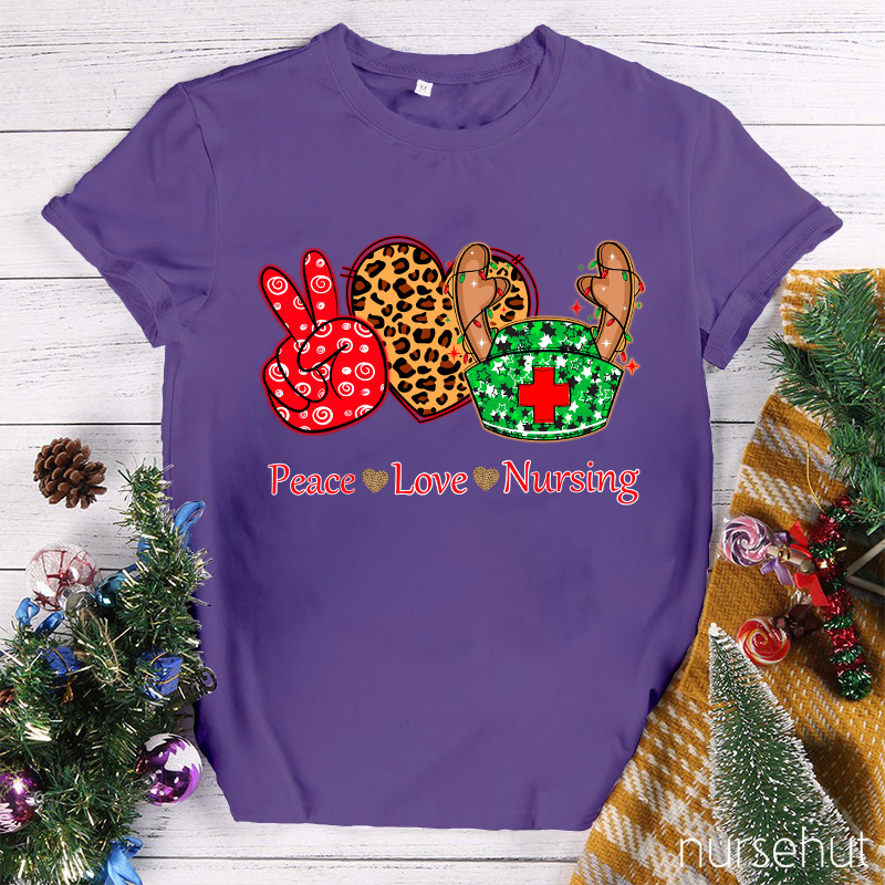 Peace Love And Nursing Leopard Christmas Vibes Nurse T-Shirt