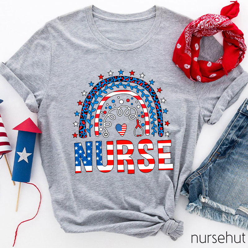 Independence Day Rainbow Heart Nurse T-Shirt
