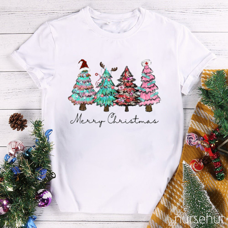 Merry Christmas Colorful Trees Nurse T-shirt