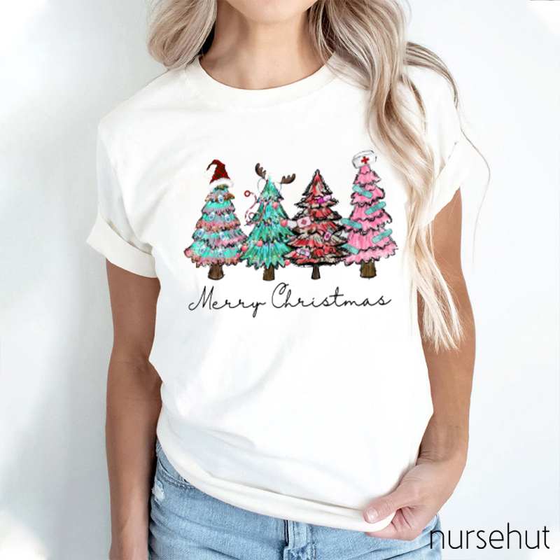 Merry Christmas Colorful Trees Nurse T-shirt