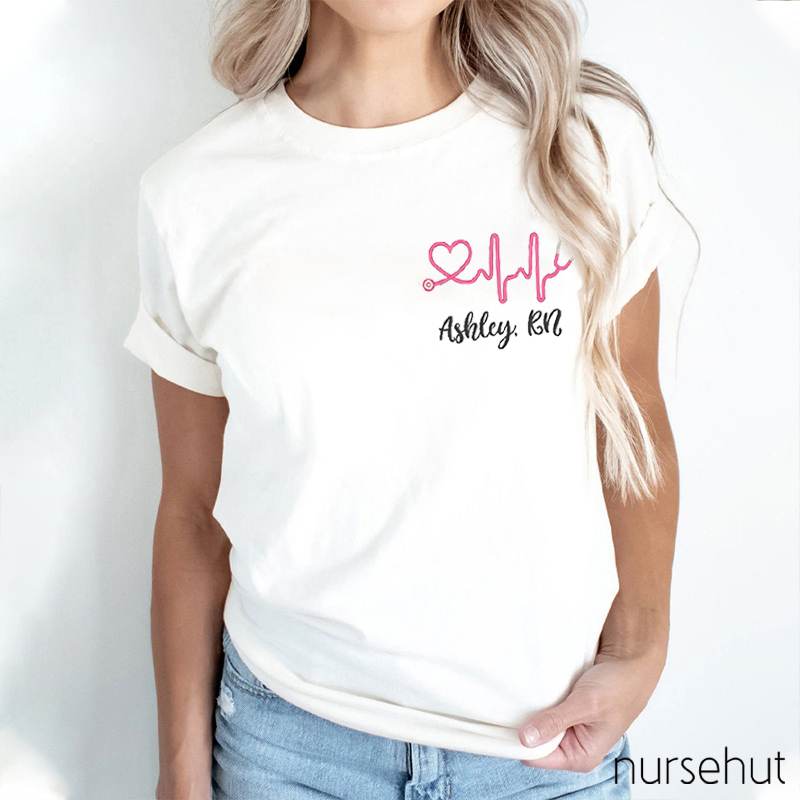 Personalized ECG And Stethoscope Nurse Embroidery T-Shirts