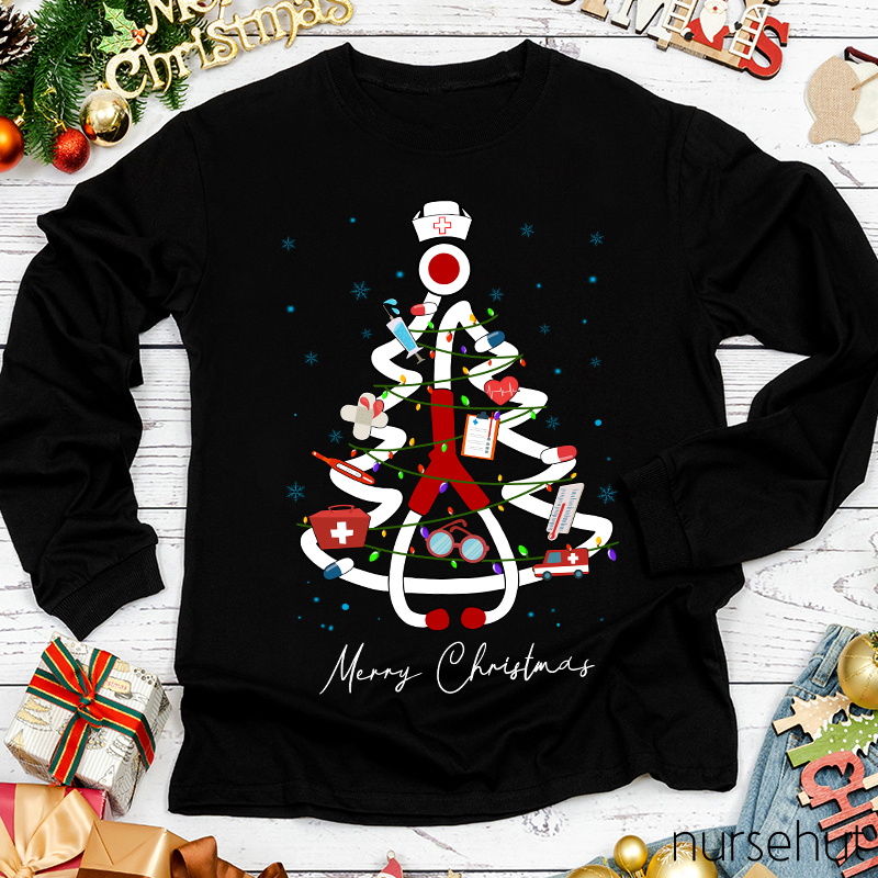 Merry Christmas Stethoscope Tree Nurse Long Sleeve T-Shirt