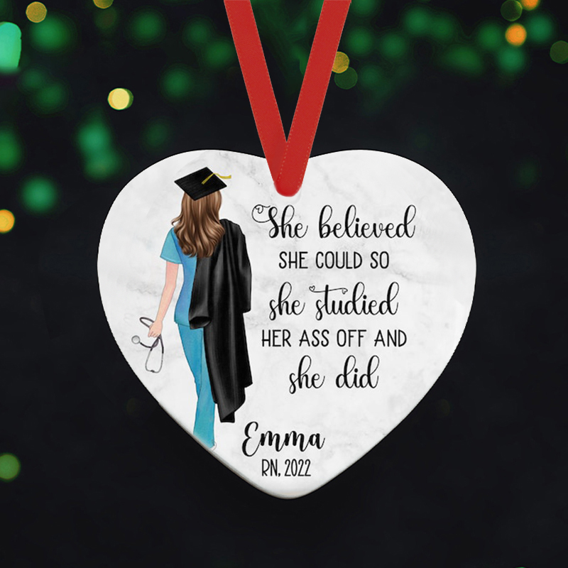 Personalized She Believed She Could So She Made It Nurse Ceramic Christmas Ornament