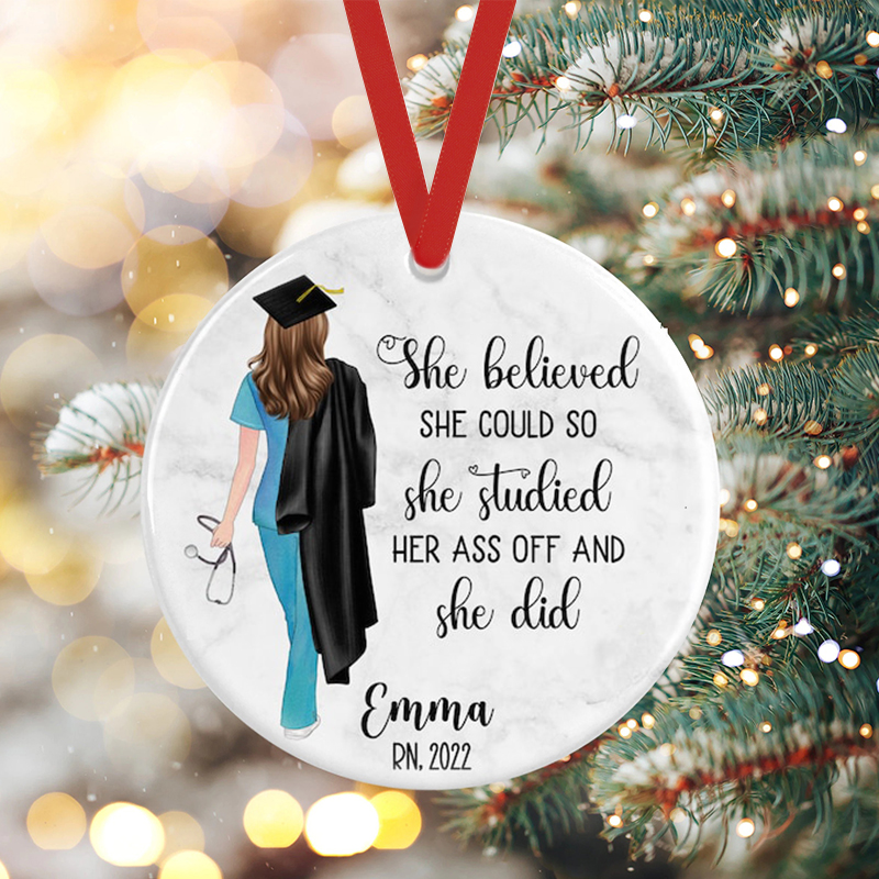Personalized She Believed She Could So She Made It Nurse Ceramic Christmas Ornament