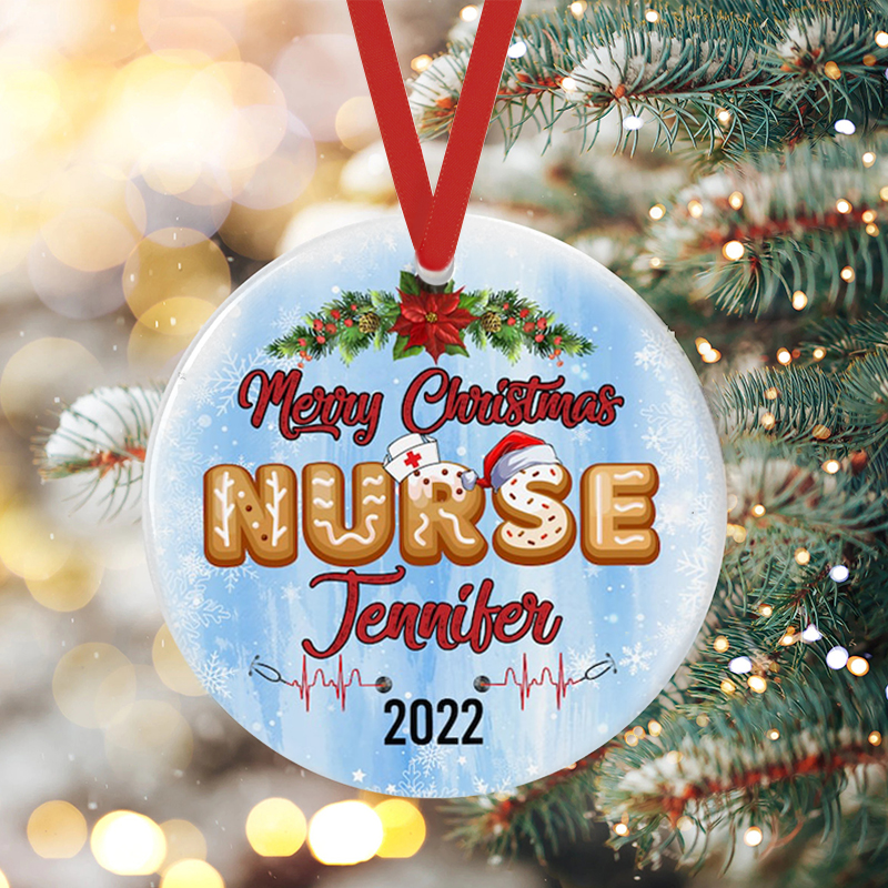 Personalized Merry Christmas Gingerbread Nurse Ceramic Christmas Ornament