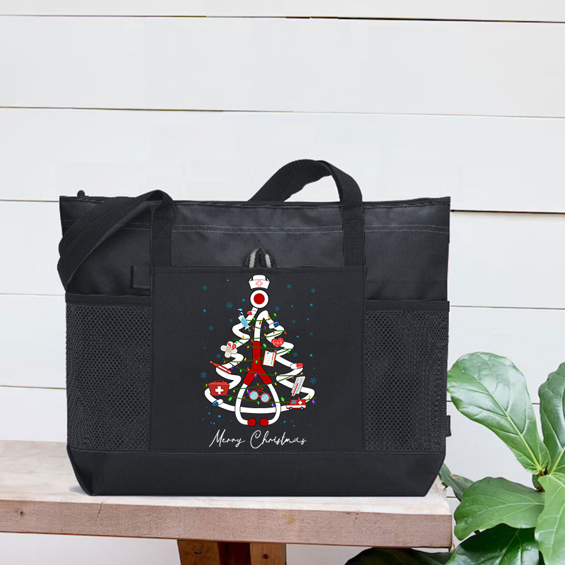 Merry Christmas Stethoscope Tree Nurse Zip Tote Bag