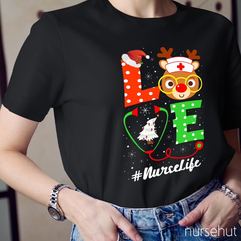Christmas Love Reindeer  Stethoscope Nurselife Nurse T-Shirt