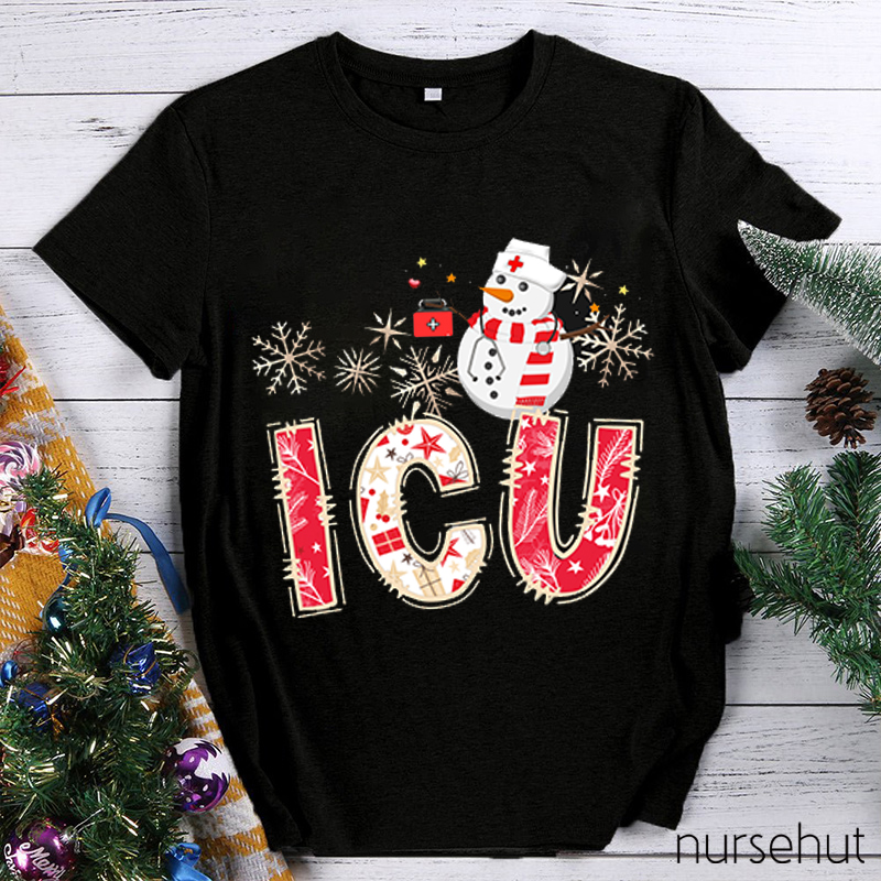 Icu Pattern And Christmas Snowman Nurse T-Shirt