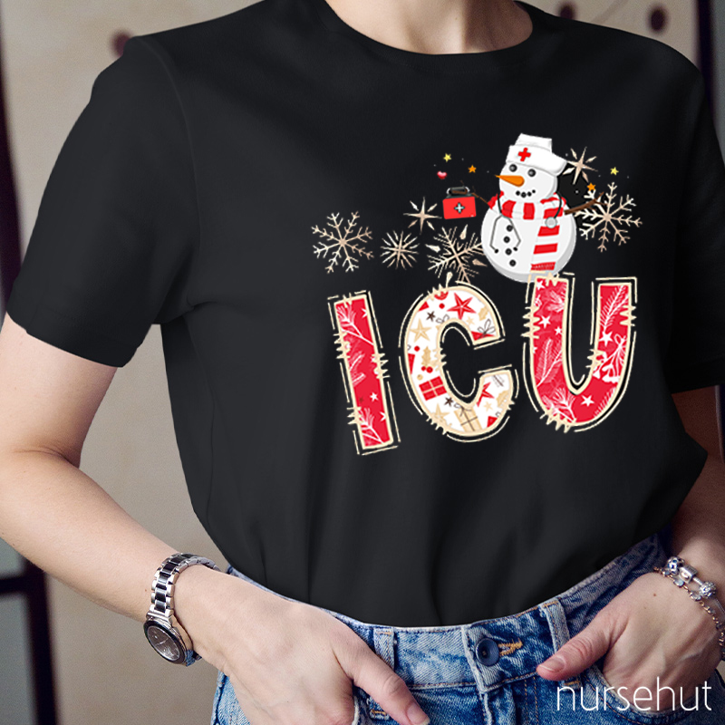 Icu Pattern And Christmas Snowman Nurse T-Shirt