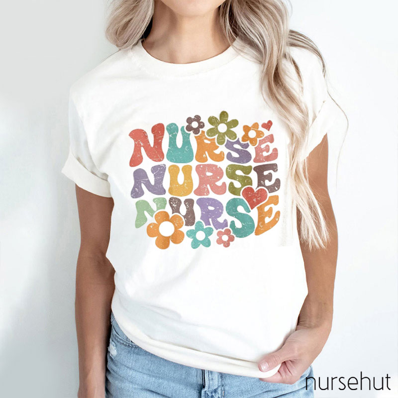 Colorful Letters Colored Flowers Nurse T-Shirt
