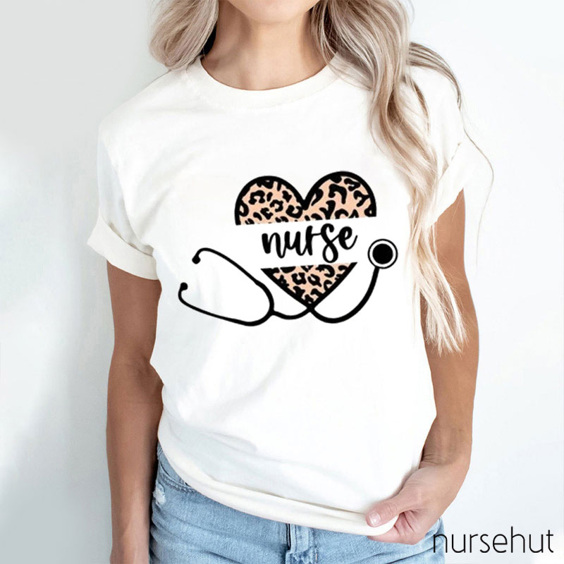 Leopard Print Love Heart Stethoscope Nurse T-Shirt