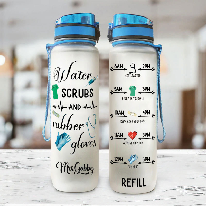 Personalized Water Scrubs And Rubber Gloves Nurse Water Tracker Bottle