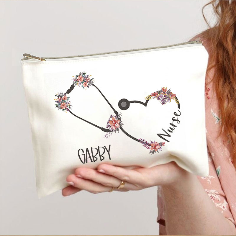 Personalized Love Heart Flower Stethoscope Nurse Makeup Bag