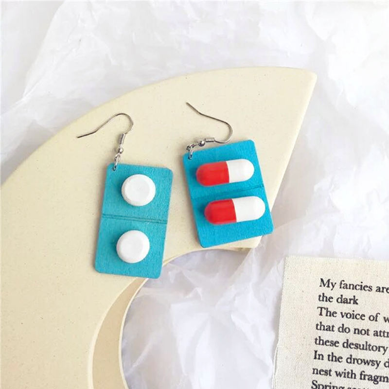 Pills Red White Capsules Nurse Wooden Earrings