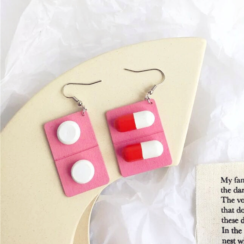 Pills Red White Capsules Nurse Wooden Earrings