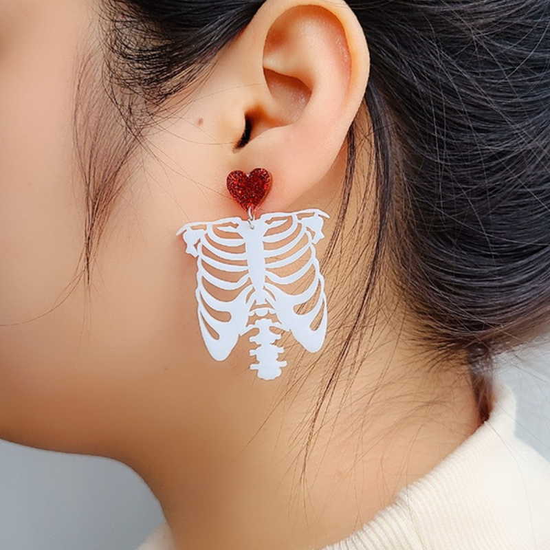 Heart And White Skeleton Openwork Nurse Acrylic Earrings