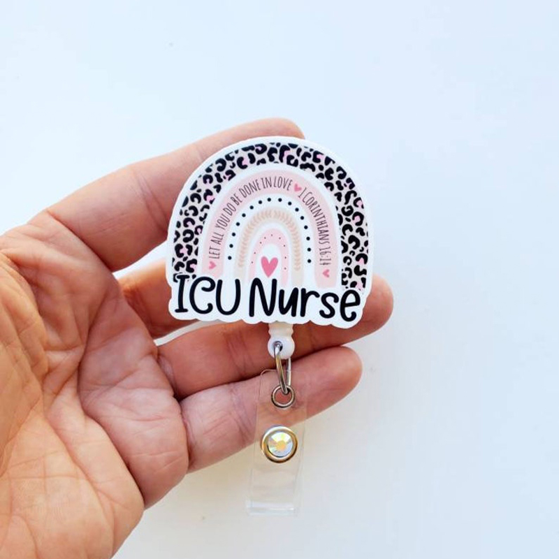 Personalized Pink Leopard Rainbow Nurse Badge Reel