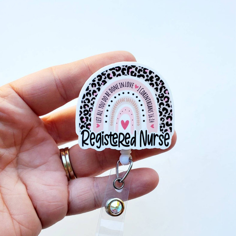 Personalized Pink Leopard Rainbow Nurse Badge Reel