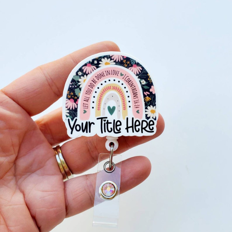 Personalized Floral Print Rainbow Nurse Badge Reel