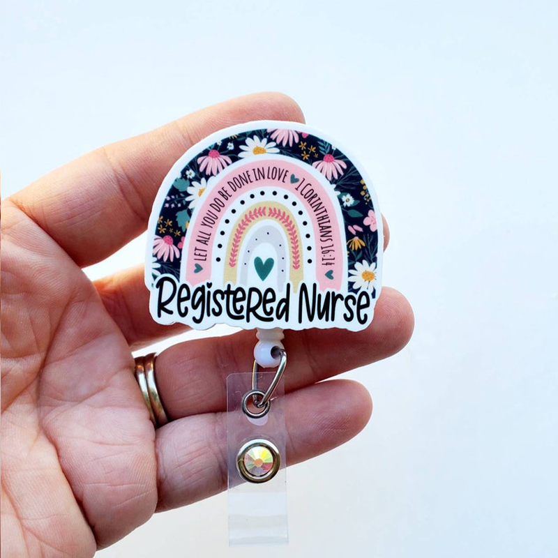 Personalized Floral Print Rainbow Nurse Badge Reel
