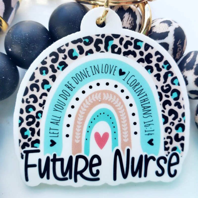 Personalized Mint Green Rainbow Beaded Nurse Wristlet Keychain