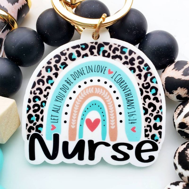 Personalized Mint Green Rainbow Beaded Nurse Wristlet Keychain