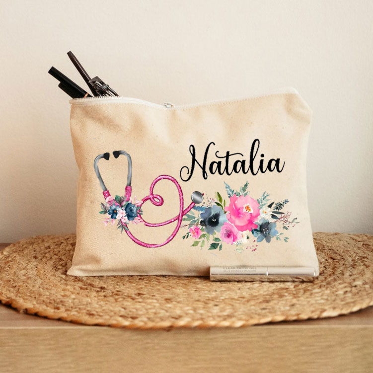 Personalized A Stethoscope Surrounded By Flowers Nurse Makeup Bag