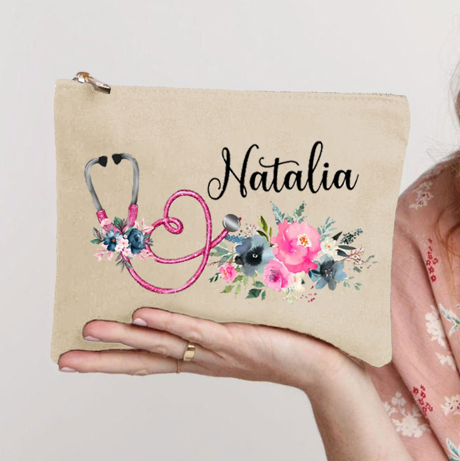 Personalized A Stethoscope Surrounded By Flowers Nurse Makeup Bag