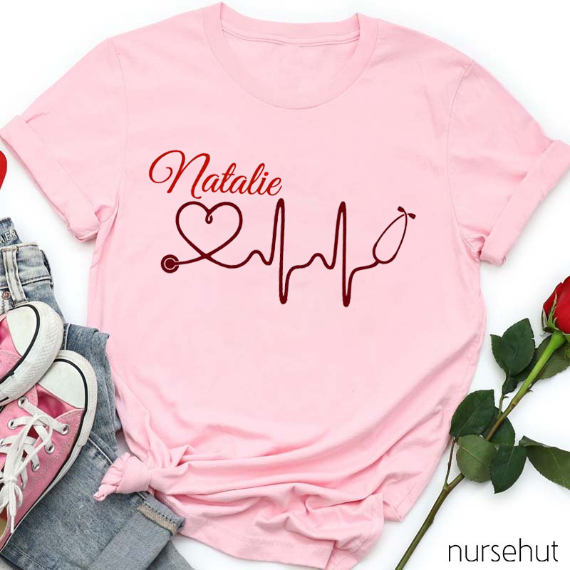 Personalized Name Stethoscope Heart Nurse T-Shirt