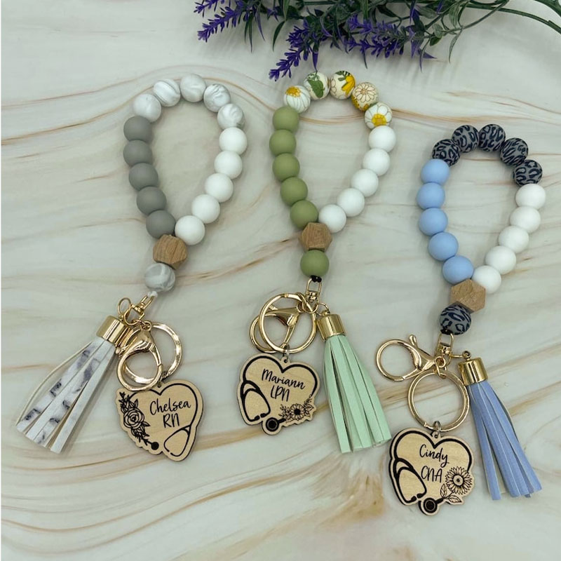 Personalized Love Heart Stethoscope Colorful Bead Nurse Wristlet Keychain