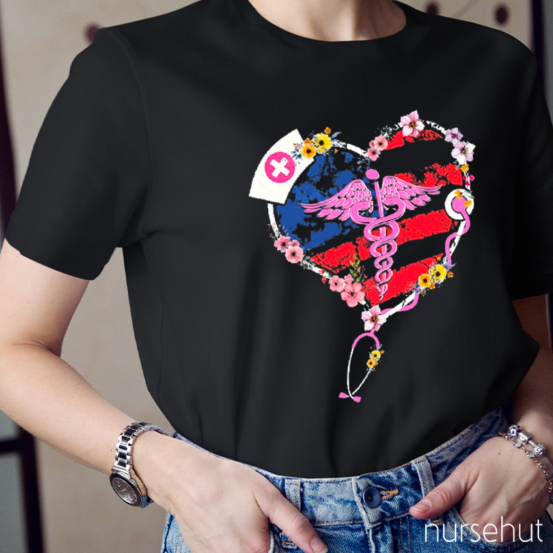 Floral Stethoscope Caduceus American Style Nurse Cap Nurse T-Shirt