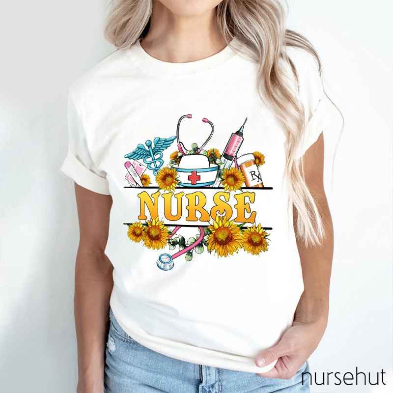 Beautiful Sunflowers Surround And Pink Stethoscope Nurse T-Shirt